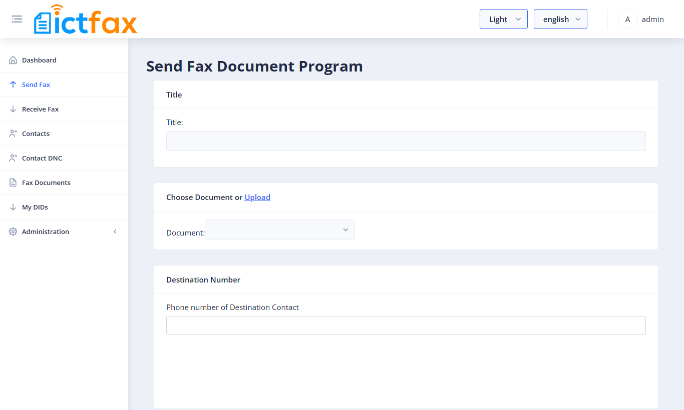 Send Fax Document Program form with Title, Choose Document or Upload, and Destination Number