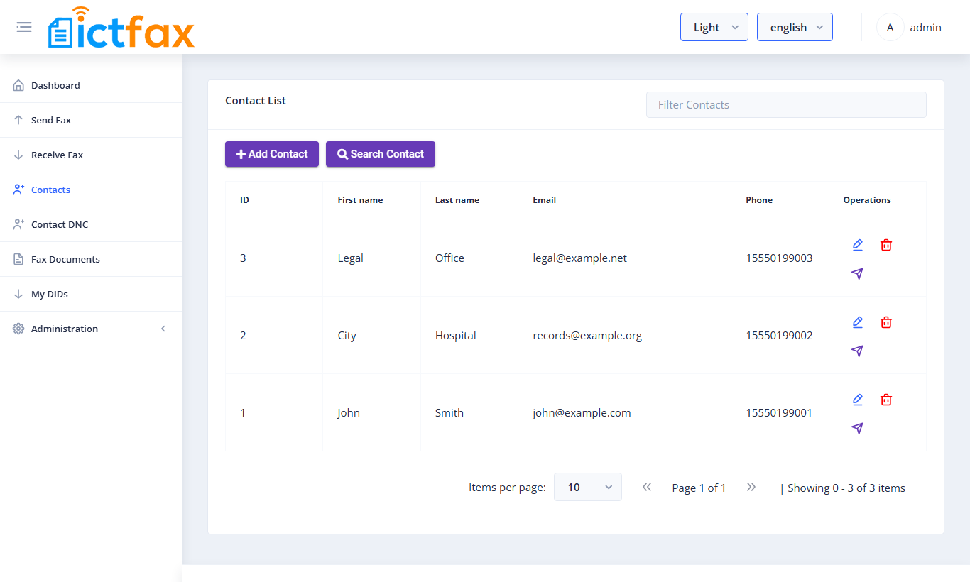 Contact List with Add Contact and Search Contact buttons