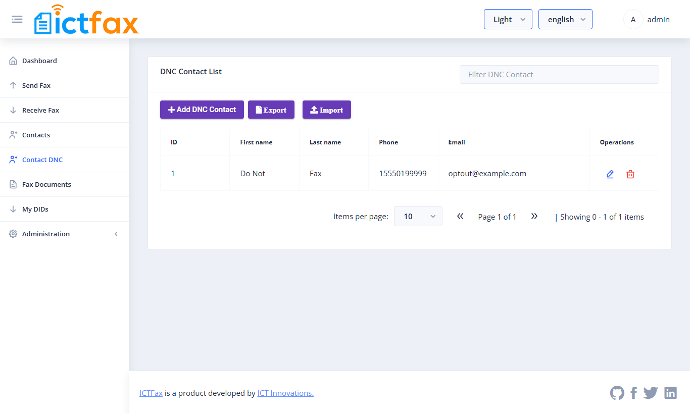 DNC Contact List with Add DNC Contact, Export and Import buttons