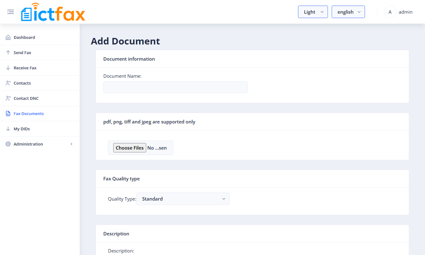 Add Document form with Document Name, file chooser and Fax Quality type
