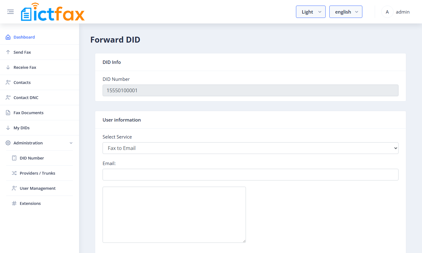Forward DID page with Fax to Email selected, the Email field and the extra recipients box