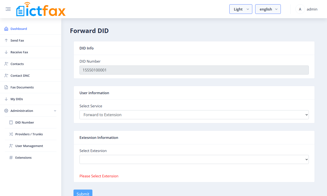 ICTFax My DIDs Forward form with Forward to Extension selected