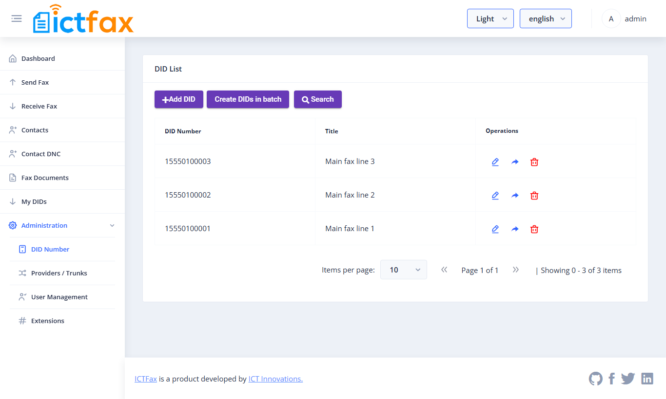 DID List with Add DID, Create DIDs in batch and Search buttons
