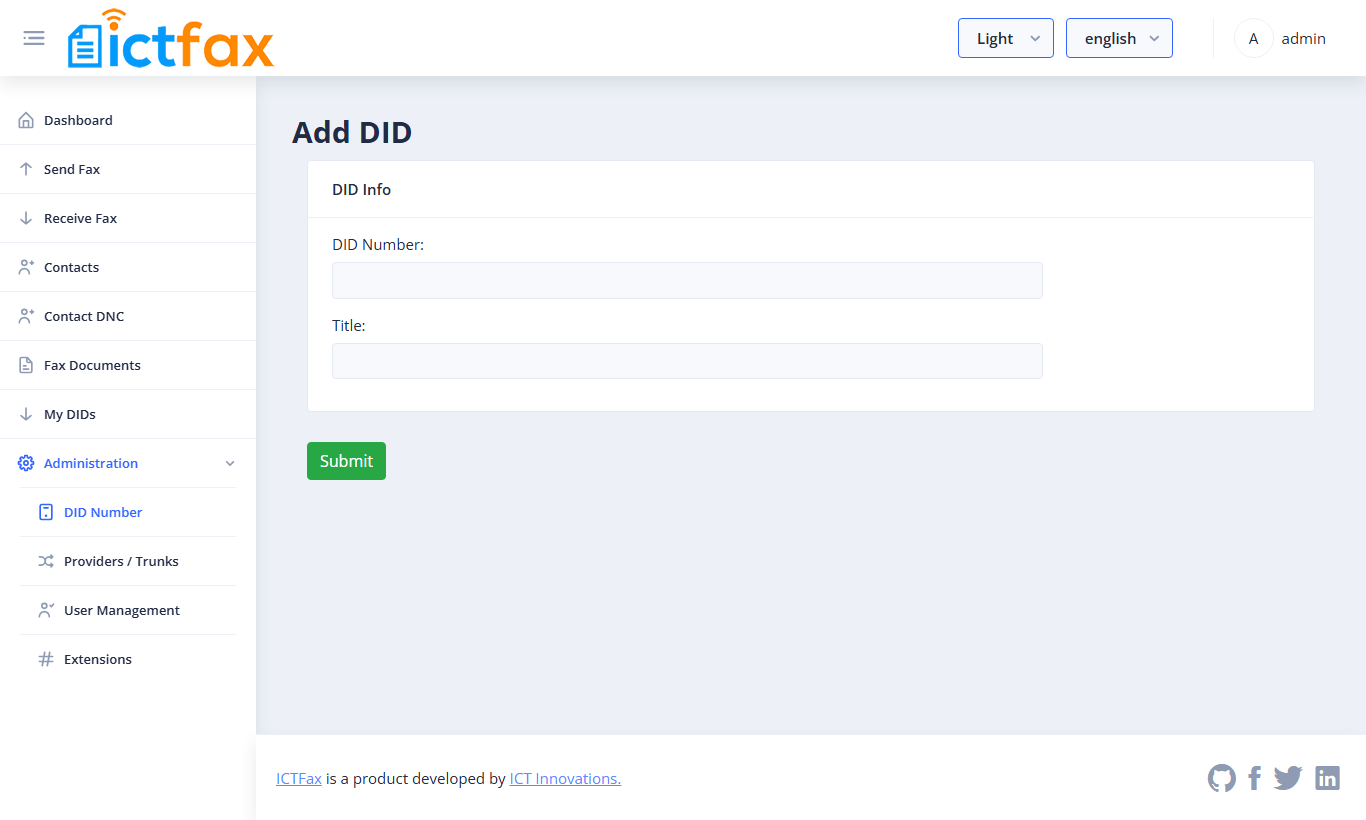 Add DID form with DID Number and Title