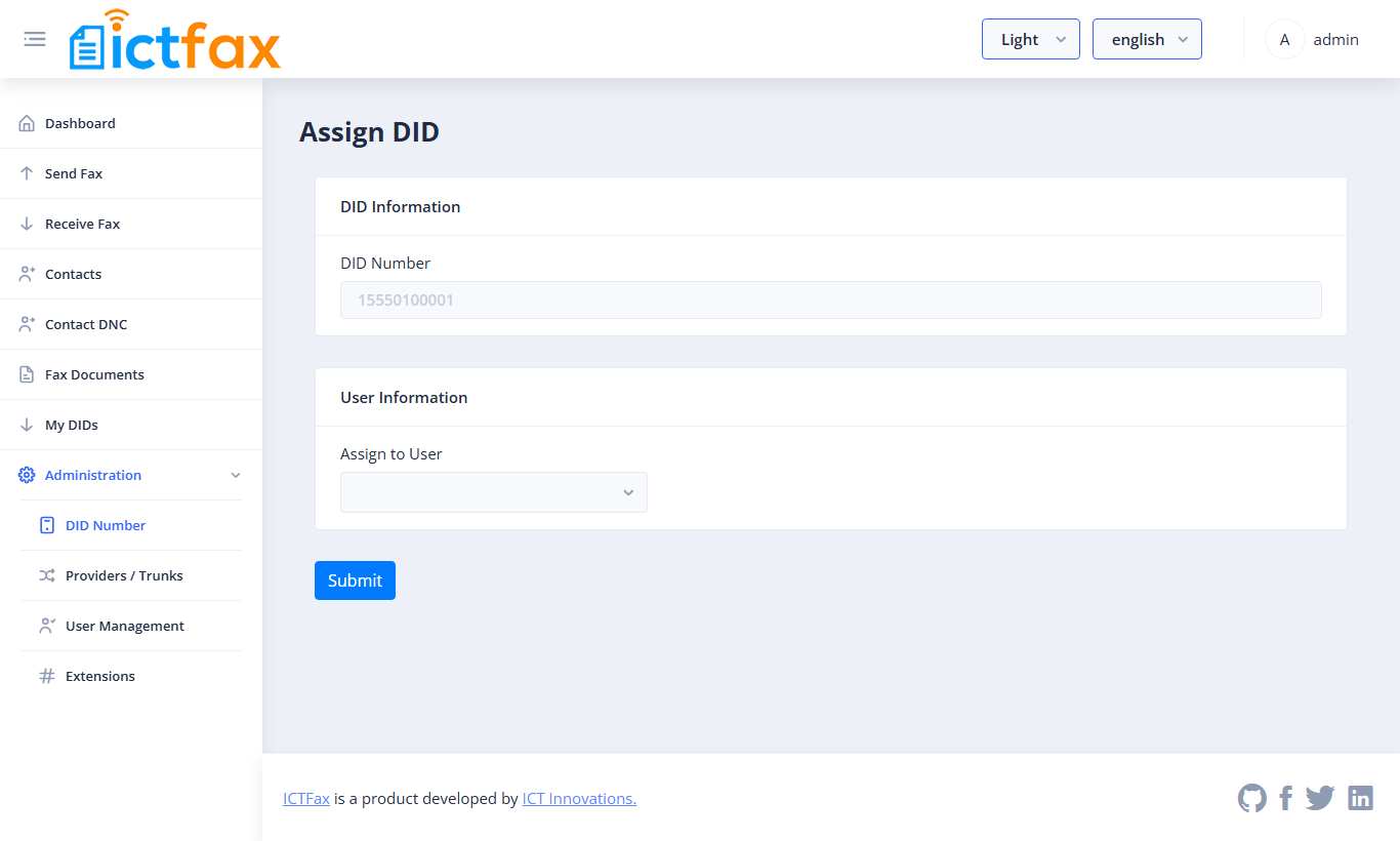 Assign DID page with the DID number and the Assign to User drop-down