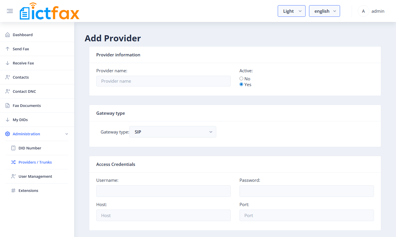 Add Provider form with Provider information, Gateway type and Access Credentials