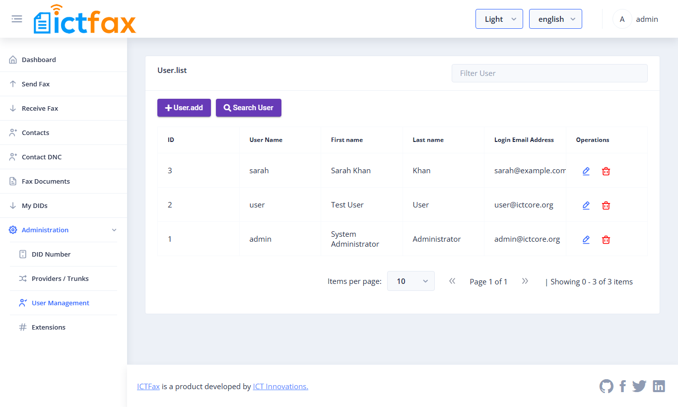 User list with the add user and Search User buttons