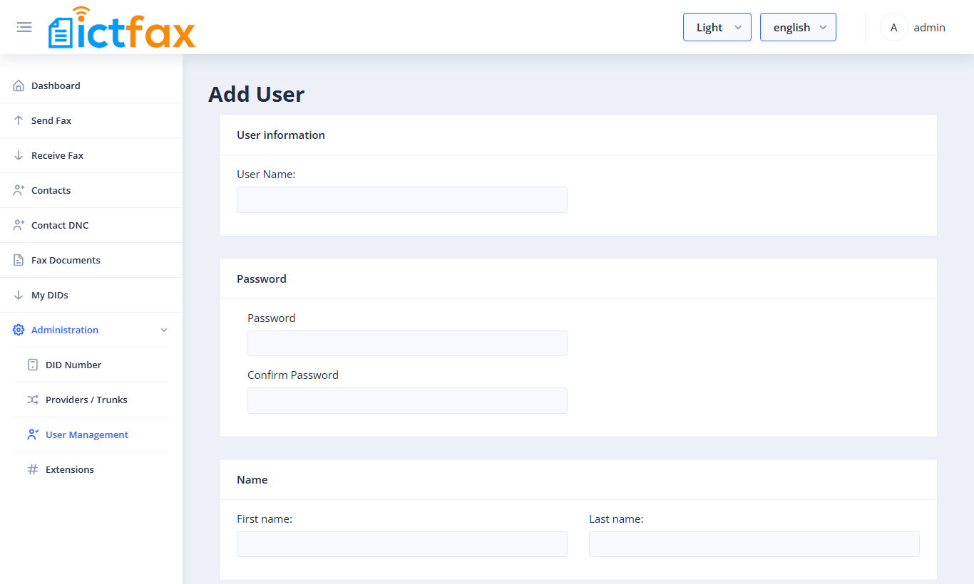 Add User form with User information, Password and Name sections
