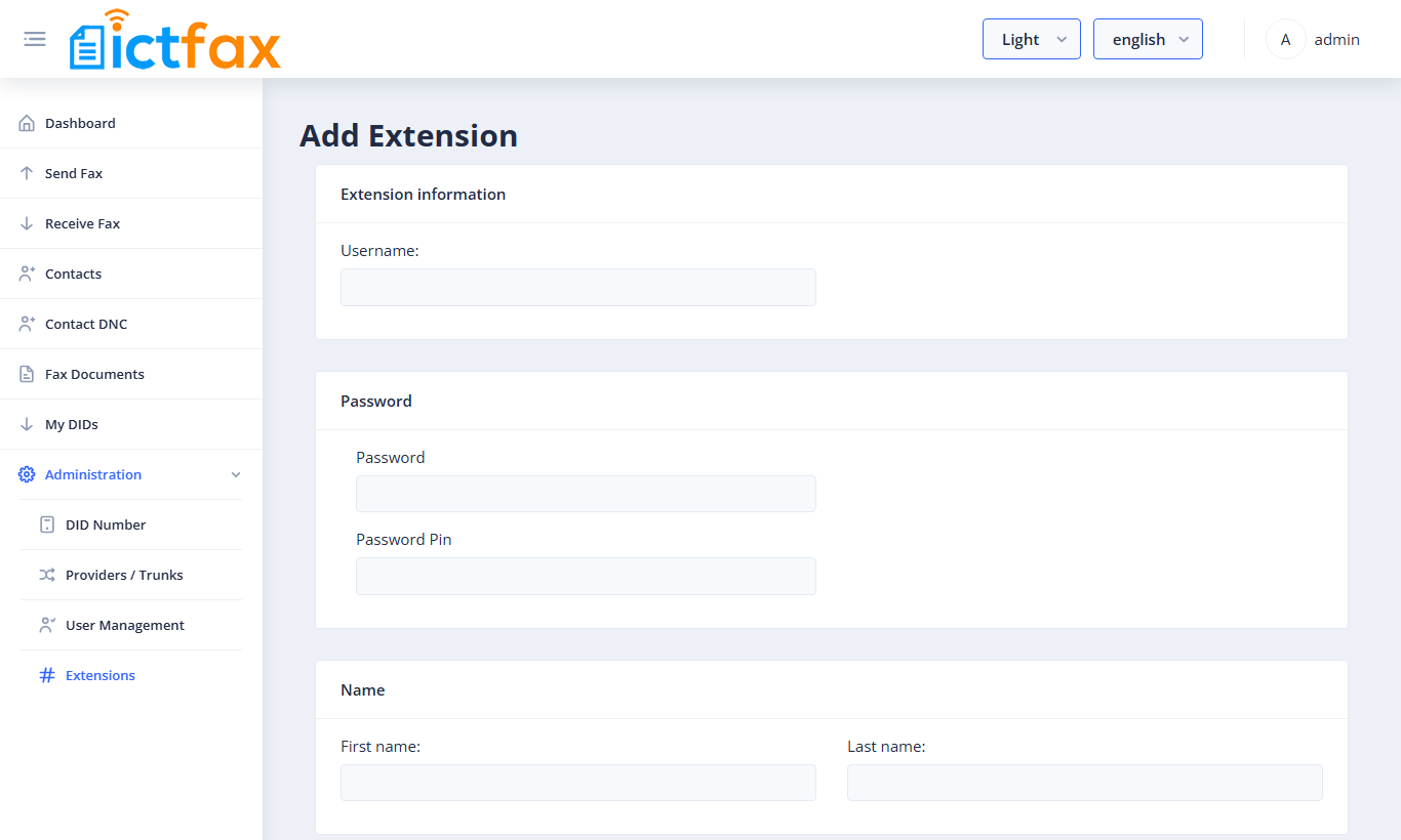 Add Extension form with Username, Password, Password Pin and Name
