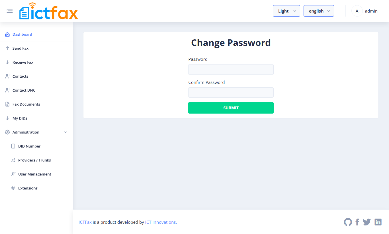 Change Password page with Password and Confirm Password fields